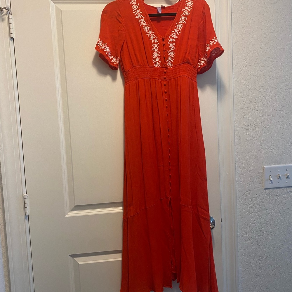 Red with white embroidery floral detail maxi dress